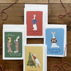 Funny Christmas Cards Set, Rabbit Watercolor Art (A6)