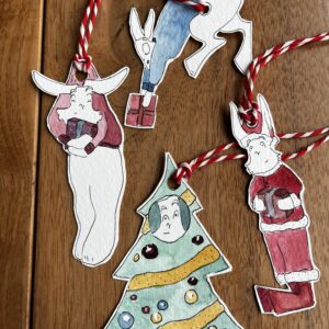 A set of 4 whimsical Christmas tags featuring George the Cynical Rabbit